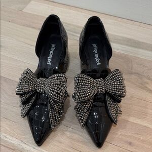 Jeffrey Campbell Black Croc-Embossed Flats with Embellished Bow